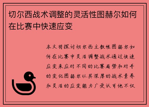 切尔西战术调整的灵活性图赫尔如何在比赛中快速应变